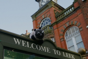 Photo of little lost saul the sheep on welcome to leek sign
