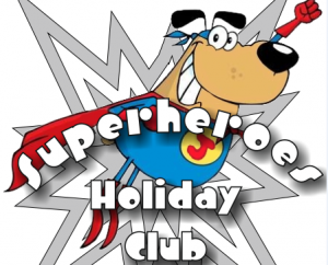 Cartoon logo for St Luke's Superhero Holiday Clib